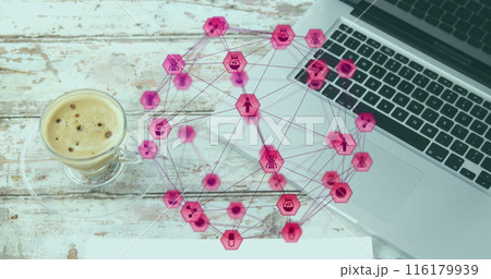 Image of connected icons globe over coffee cup, cellphone, pencil, paper and laptop on table Image of connected icons globe over coffee cup, cellphone, pencil, paper and laptop on table 116179939