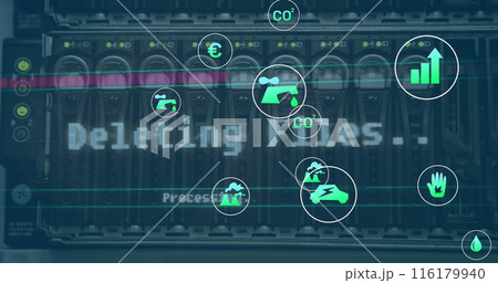 Image of icon in circles over back panel of data server system in server room Image of icon in circles over back panel of data server system in server room 116179940