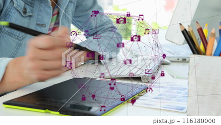 Person in denim jacket draws on tablet, with a digital interface floating above 116180000