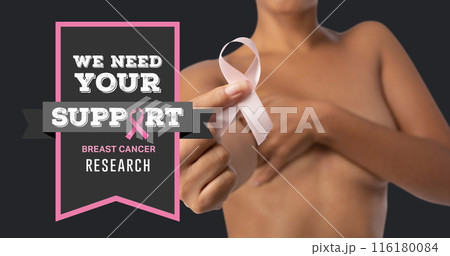 Image of breast cancer awareness text over woman covering breast Image of breast cancer awareness text over woman covering breast 116180084