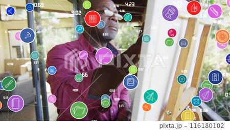 Image of social media icons over african american man painting Image of social media icons over african american man painting 116180102