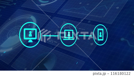Image of media icons over data processing on blue background 116180122