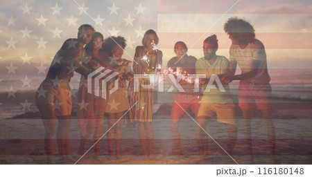 Image of flag of united states of america over happy diverse friends with sparklers on beach Image of flag of united states of america over happy diverse friends with sparklers on beach 116180148