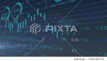Image of financial data processing over cityscape 116180312