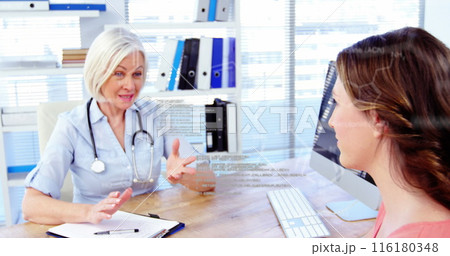 Image of science data processing over female doctor and patient 116180348