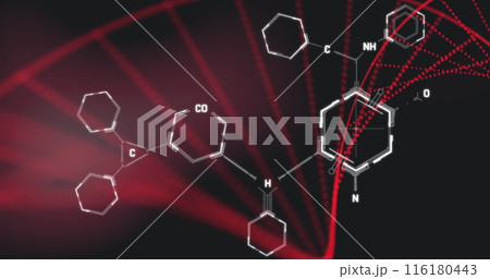 Image of chemical structures over dna strand spinning on black background 116180443