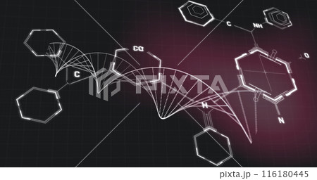 Image of chemical structures over dna strand spinning on black background 116180445