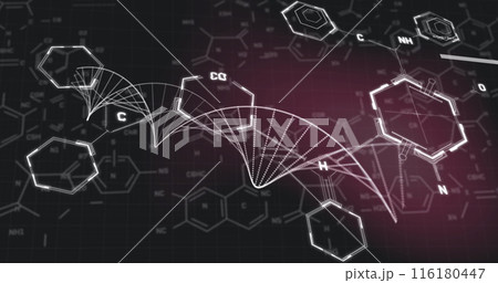 Image of chemical structures over dna strand spinning on black background Image of chemical structures over dna strand spinning on black background 116180447