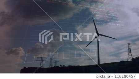 Image of financial data processing over wind turbine 116180457