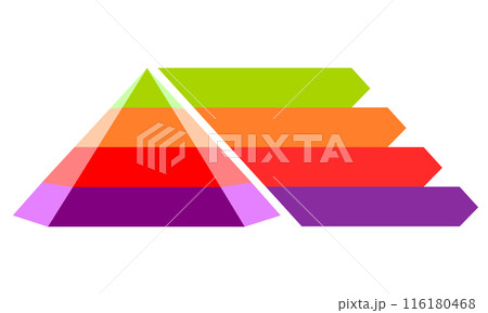 Infographic illustration of green with orange with purple and red triangle divided and cut and space for text, Pyramid shape four layers for presenting business ideas or disparity 116180468