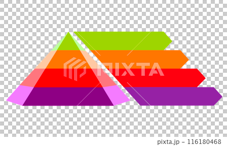 Infographic illustration of green with orange with purple and red triangle divided and cut and space for text, Pyramid shape four layers for presenting business ideas or disparity 116180468