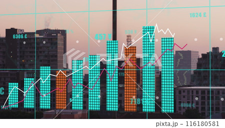 Image of financial data processing over cityscape 116180581