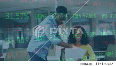 Image of stock market over diverse business people Image of stock market over diverse business people 116180582