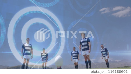Image of digital interface over rugby team Image of digital interface over rugby team 116180601