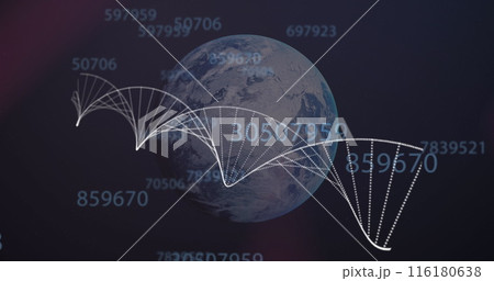 Image of dna over globe and numbers on black background 116180638