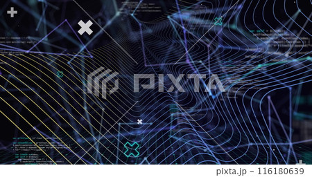 Image of digital dots interconnecting with lines and programming data with wave patterns 116180639