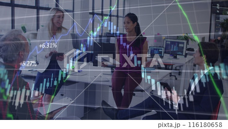 Financial data processing against diverse office colleagues discussing together at office 116180658