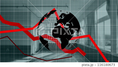 Image of red line graphs moving on globe with grids against building interior 116180673