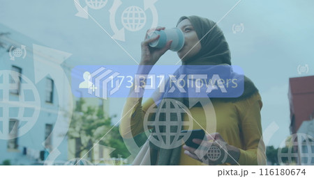 Image of text level up and icon over biracial businesswoman wearing phone headset 116180674