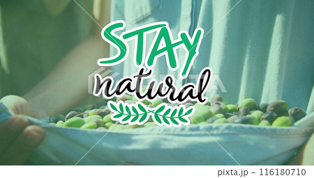 Image of stay natural text over caucasian man picking fruit 116180710