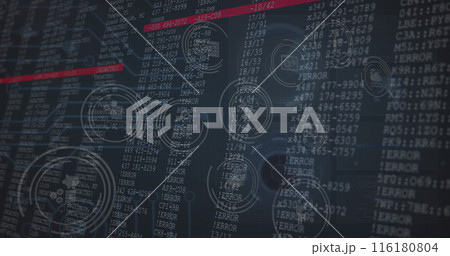 Image of icons and red lines appearing over numbers changing on black background Image of icons and red lines appearing over numbers changing on black background 116180804
