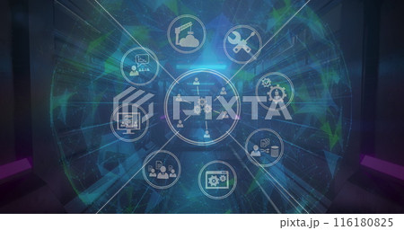 Image of network of connections with icons over globe Image of network of connections with icons over globe 116180825