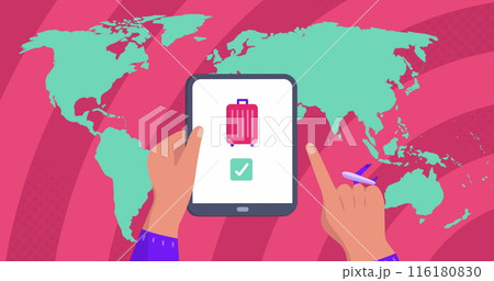 Image of world map over hands using tablet 116180830