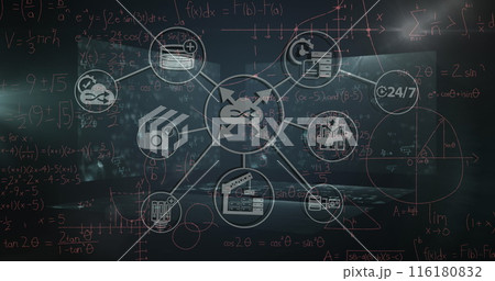 Image of network of connections with icons over mathematical equations on black background 116180832