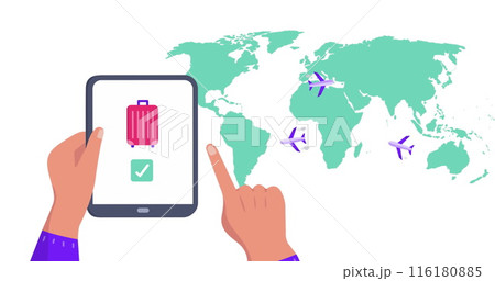 Image of world map over hands using tablet 116180885