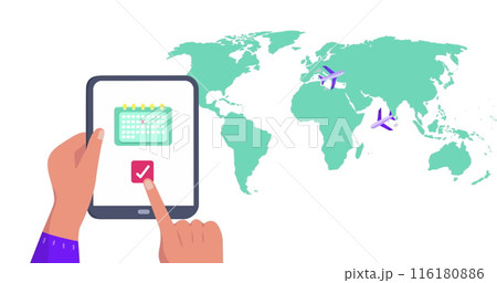 Image of world map over hands using tablet 116180886
