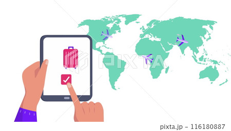 Image of world map over hands using tablet 116180887