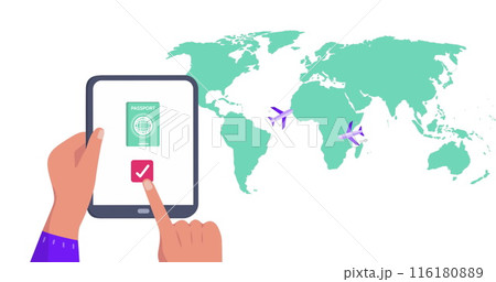 Image of world map over hands using tablet Image of world map over hands using tablet 116180889