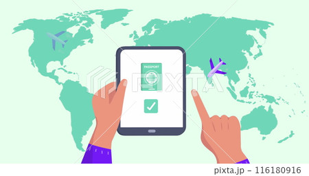 Image of world map over hands using tablet Image of world map over hands using tablet 116180916