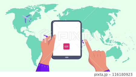 Image of world map over hands using tablet Image of world map over hands using tablet 116180923