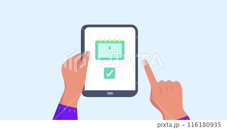 Image of hands using tablet with travel icons 116180935