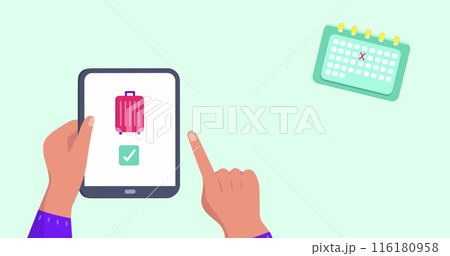 Image of travel icons over hands using tablet Image of travel icons over hands using tablet 116180958