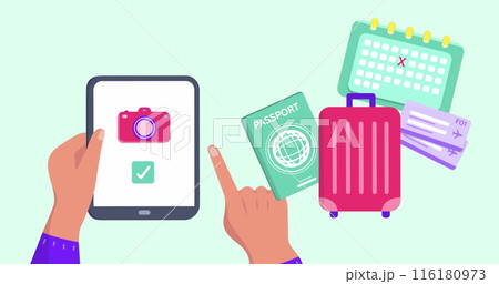 Image of travel icons over hands using tablet 116180973