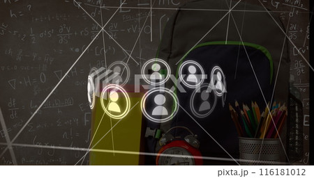 Image of lines and icons over school items and mathematical equations Image of lines and icons over school items and mathematical equations 116181012