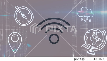 Image of shapes and media icons over gray background 116181024