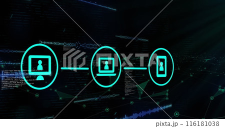 Image of data processing and media icons over black background 116181038