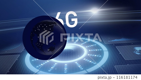 Image of globe over data processing with scope scanning on black background 116181174