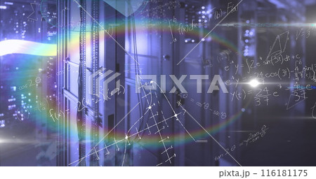 Image of mathematical equations and data processing against rainbow lens flare over server room 116181175