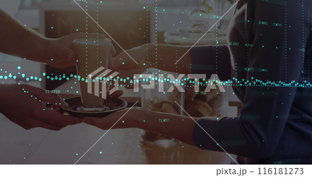 Image of green sports with data processing over woman getting coffee in coffee shop 116181273