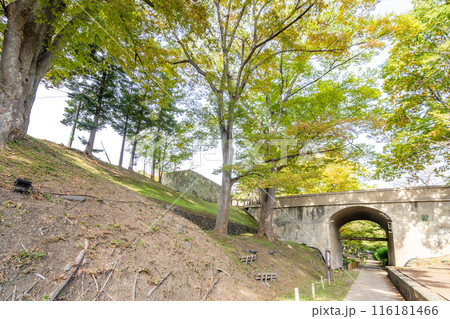 上田城跡公園　二の丸橋　二の丸東虎口　二の丸跡　けやき並木遊歩道　上田丸子電鉄真田傍陽線　公園前駅 116181466