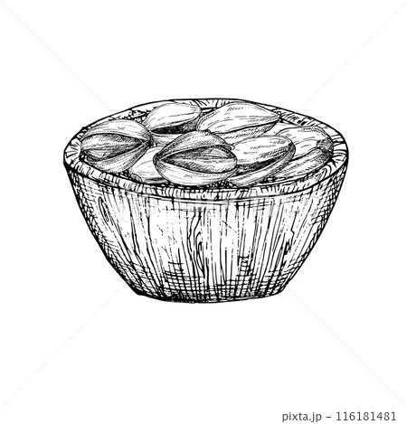 Pistachio nut in wooden bowl plate graphic vector illustration set. Botanical drawing sketch stylized. Isolated. Hand drawn, suitable for food packaging design Pistachio nut in wooden bowl plate graphic vector illustration set. Botanical drawing sketch stylized. Isolated. Hand drawn, suitable for food packaging design 116181481