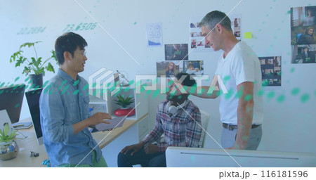 Image of data processing over three diverse men discussing together at office 116181596