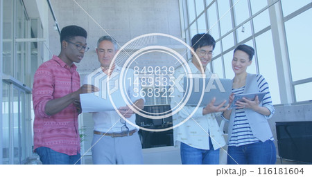 Image of changing numbers over round scanner against diverse colleagues discussing at office Image of changing numbers over round scanner against diverse colleagues discussing at office 116181604