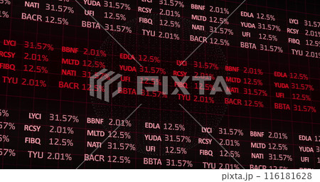 Image of connected icons around globe over trading board against black background 116181628