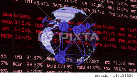 Image of connected icons around globe over trading board against black background Image of connected icons around globe over trading board against black background 116181629