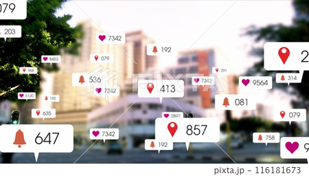 Image of multiple social media icons against time-lapse of city traffic 116181673